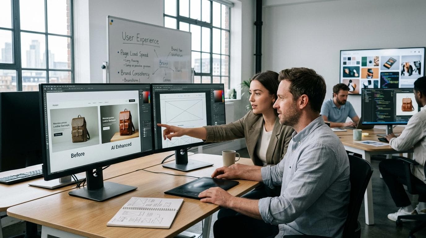 Two web designers reviewing a before and AI-enhanced website product image on dual monitors in a studio