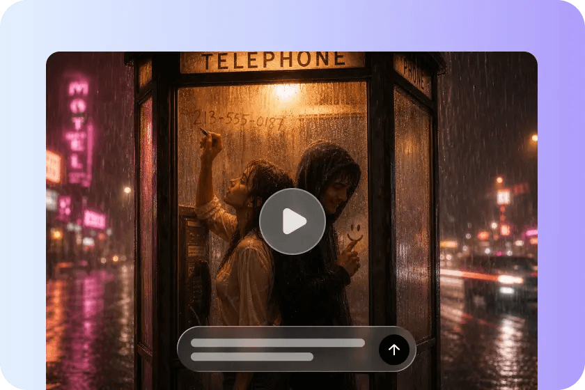 Cinematic AI-generated movie scene of a couple in a neon-lit telephone booth in the rain