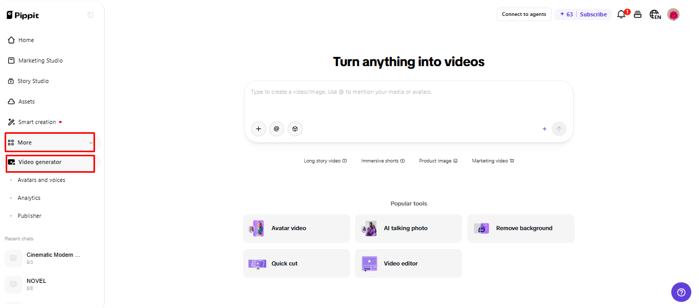 Pippit dashboard with the More tab and Video generator option highlighted in the left menu