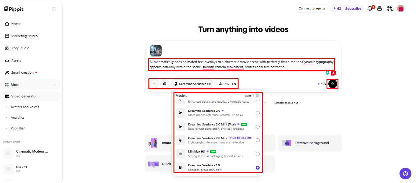 Pippit video generator showing a text prompt and the Dreamina Seedance AI model selection menu