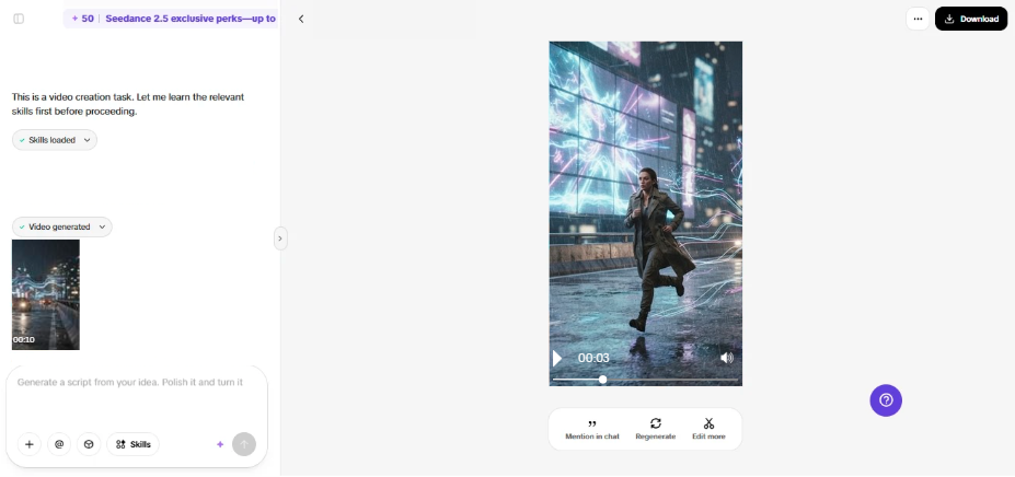 Pippit showing a generated cyberpunk movie with Regenerate and Edit more options