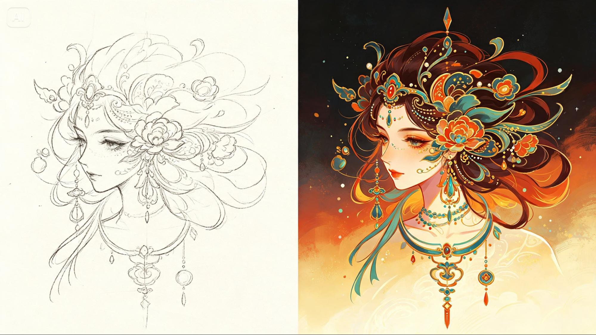 A rough pencil doodle of an ornate woman's profile beside its finished, richly colored digital illustration