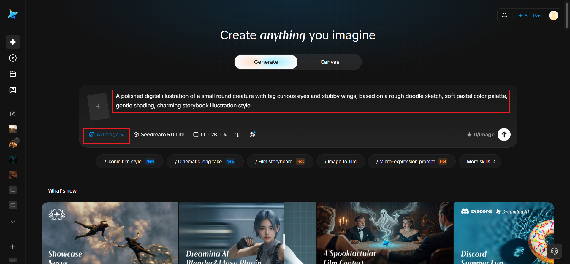 Dreamina Generate screen with the doodle illustration prompt entered and the AI Image model selected