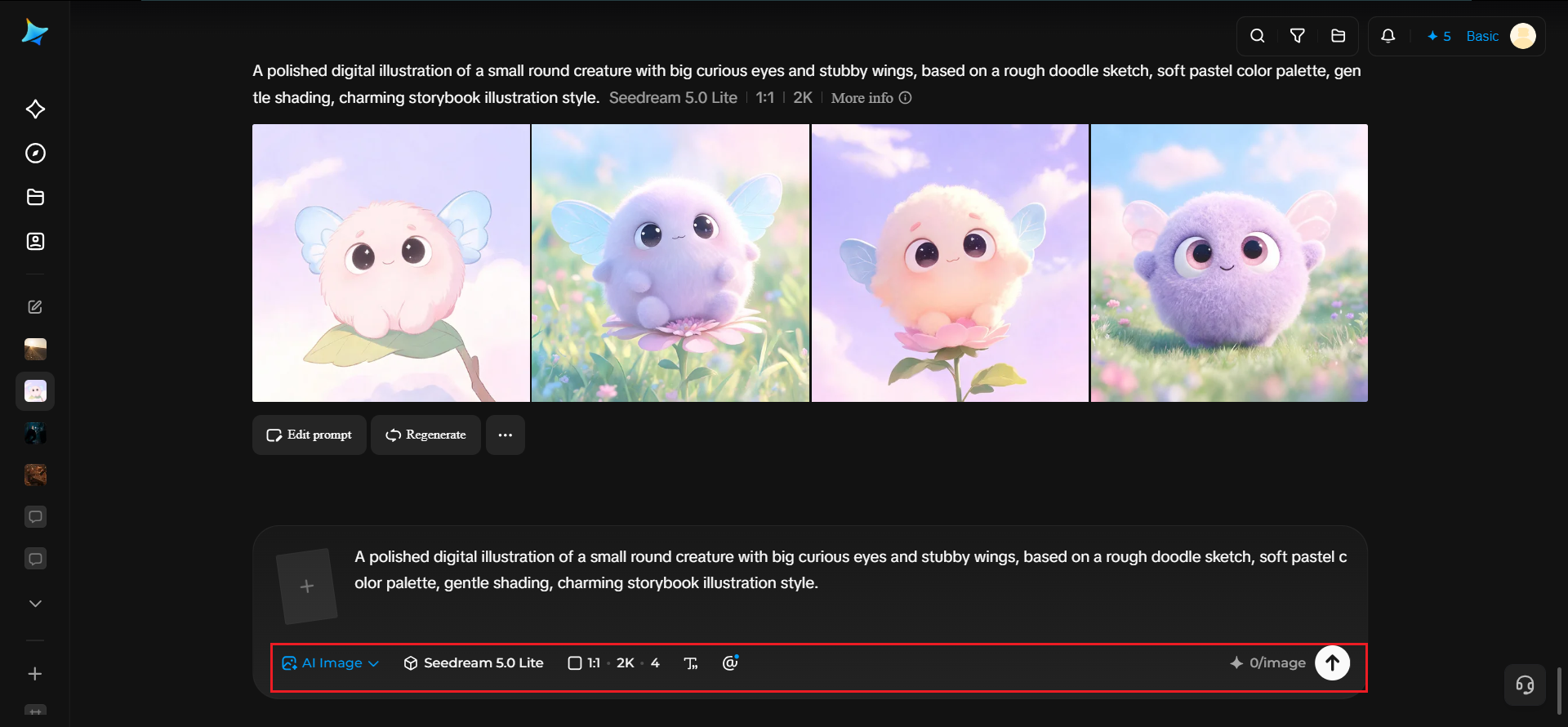 Four Dreamina-generated results of a cute round winged creature based on the doodle prompt