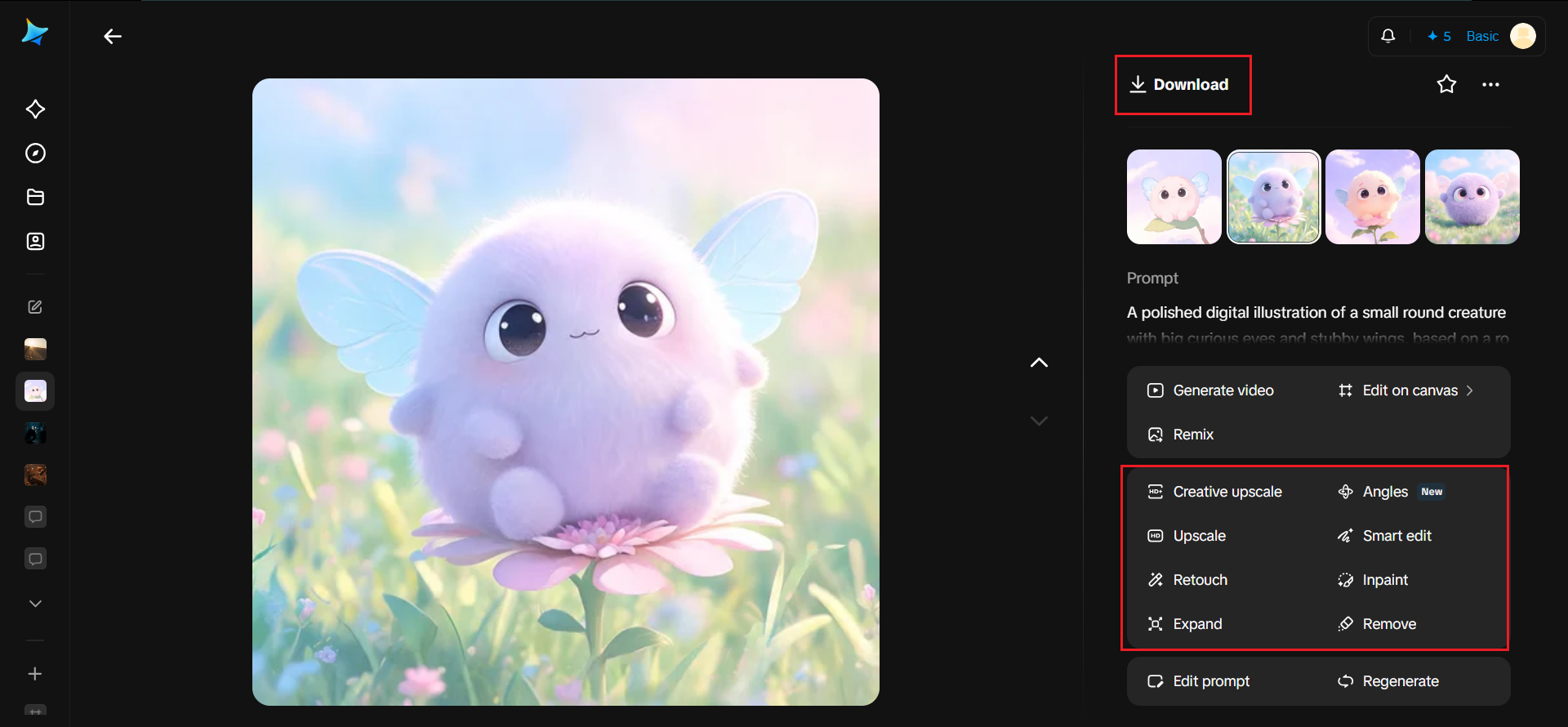 A selected Dreamina illustration open in the editor with Download and inpaint, expand, and remove editing tools