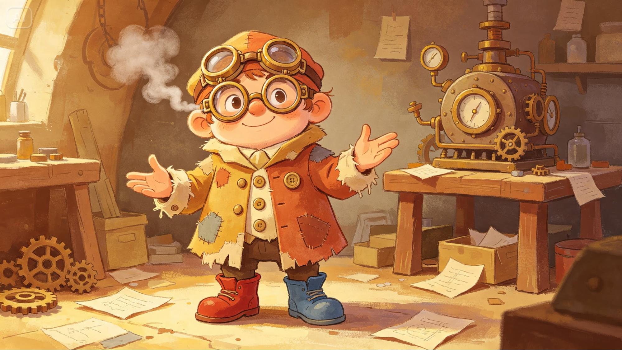 Finished storybook-style character illustration of a cheerful young inventor in a steampunk workshop